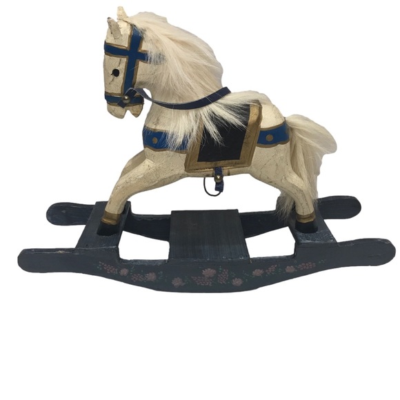 Vintage Shabby Chic Small Wooden Rocking Horse With Real Fur Mane - Picture 4 of 16